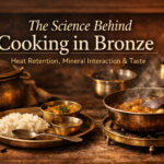 Cooking in bronze cookware showing even heat retention, traditional bronze utensils, and enhanced food taste in an Indian kitchen
