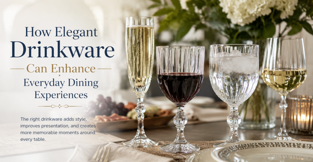 Elegant St. Moritz Goblet, Winston Flute Set of 4, and Dolce Vita Acqua Wine Glass Set of 4 from ROCKS Jewelry Gifts Home displayed on a beautifully styled dining table.