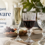 Elegant St. Moritz Goblet, Winston Flute Set of 4, and Dolce Vita Acqua Wine Glass Set of 4 from ROCKS Jewelry Gifts Home displayed on a beautifully styled dining table.