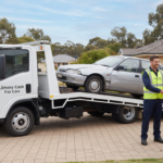 A 'Jimmy Cash For Cars' tow truck operator handing cash to a satisfied customer in a residential driveway after loading a scrap car onto the flatbed.