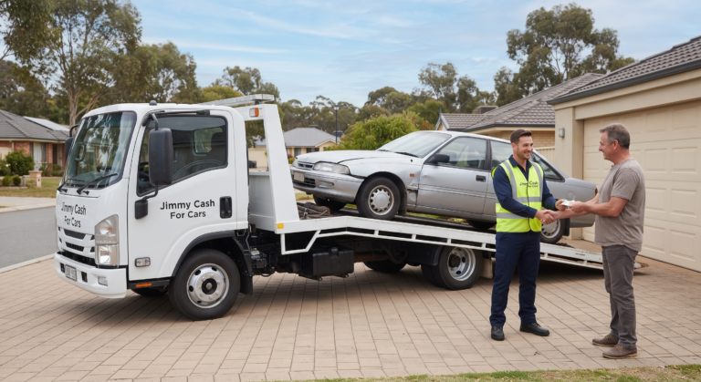 A 'Jimmy Cash For Cars' tow truck operator handing cash to a satisfied customer in a residential driveway after loading a scrap car onto the flatbed.