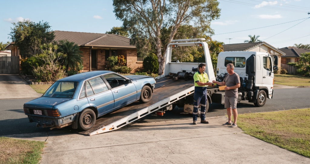 A professional tow truck operator winching a damaged blue sedan from a Brisbane home driveway onto a tilt-tray for free car removal, while the owner hands over the keys.