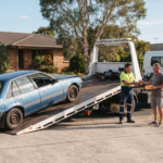 A professional tow truck operator winching a damaged blue sedan from a Brisbane home driveway onto a tilt-tray for free car removal, while the owner hands over the keys.